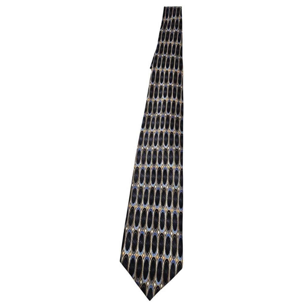 Jos. A. Bank Mens Silk Tie Black Blue Gold Geometric Oval Pattern Handsewn